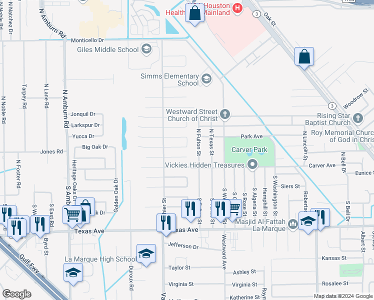 map of restaurants, bars, coffee shops, grocery stores, and more near 7203 Mallard Drive in Texas City