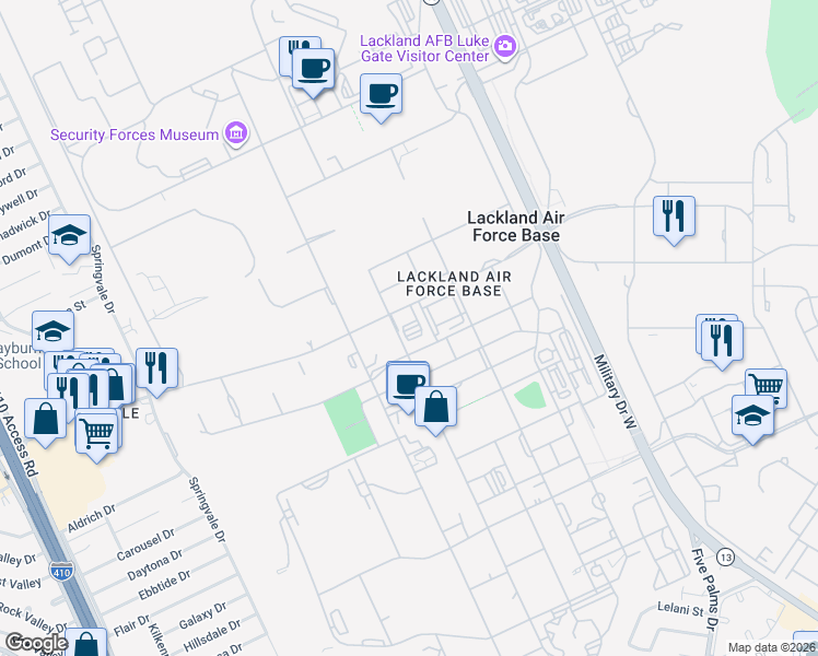 map of restaurants, bars, coffee shops, grocery stores, and more near 1515 Truemper Street in Bexar County