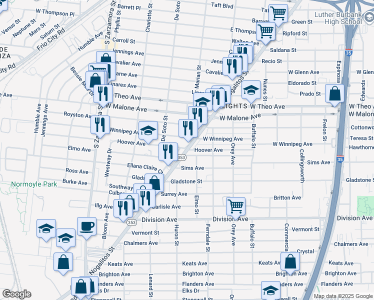 map of restaurants, bars, coffee shops, grocery stores, and more near Nogalitos St & Hoover Ave in San Antonio