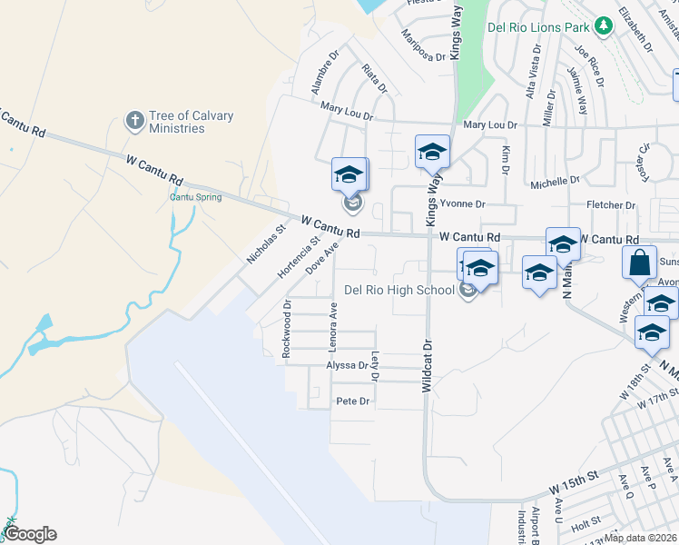 map of restaurants, bars, coffee shops, grocery stores, and more near 831 Lenora Avenue in Del Rio