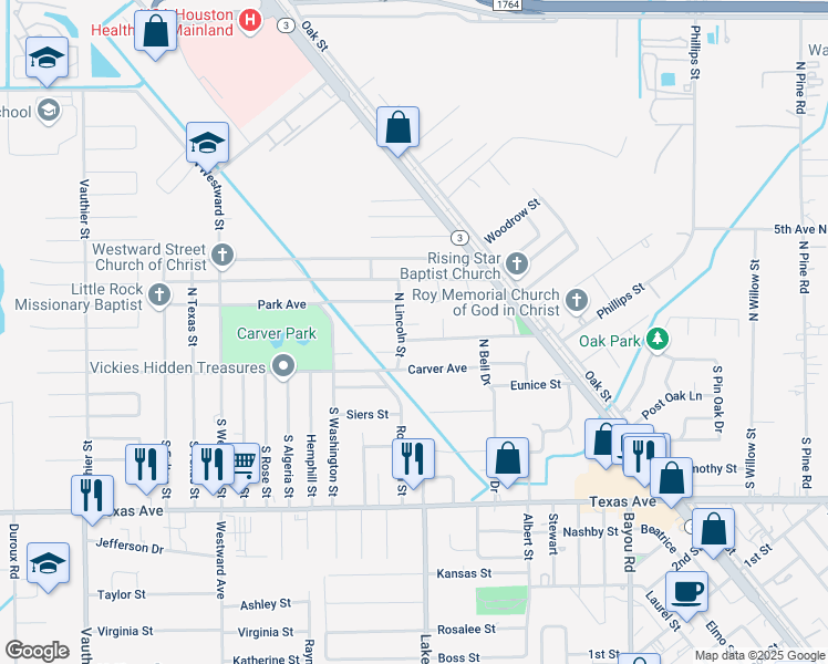 map of restaurants, bars, coffee shops, grocery stores, and more near 6102 Linton Lane in Texas City