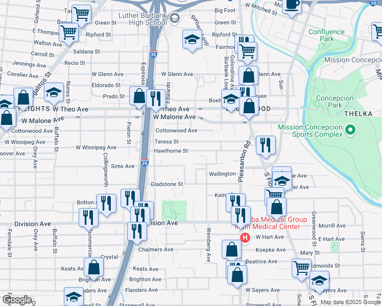 map of restaurants, bars, coffee shops, grocery stores, and more near 238 Hawthorne in San Antonio