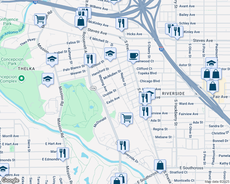 map of restaurants, bars, coffee shops, grocery stores, and more near 319 Uvalde Street in San Antonio