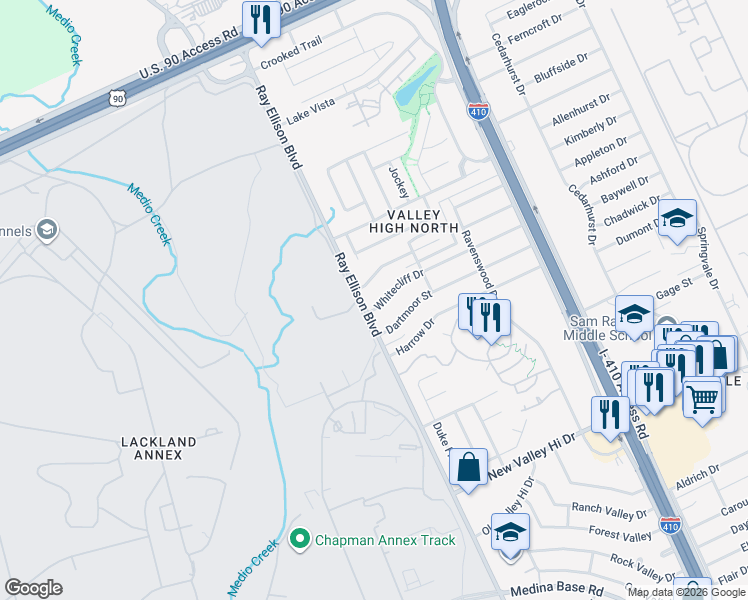 map of restaurants, bars, coffee shops, grocery stores, and more near 335 Whitecliff Drive in San Antonio