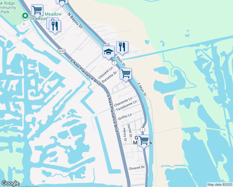 map of restaurants, bars, coffee shops, grocery stores, and more near 201 Washington Street in Golden Meadow