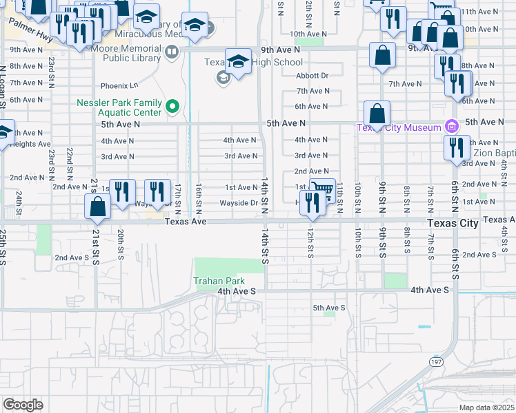map of restaurants, bars, coffee shops, grocery stores, and more near 1405 Wayside Drive in Texas City