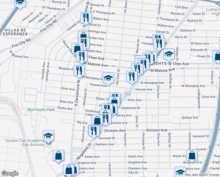 map of restaurants, bars, coffee shops, grocery stores, and more near 530 Hoover Avenue in San Antonio