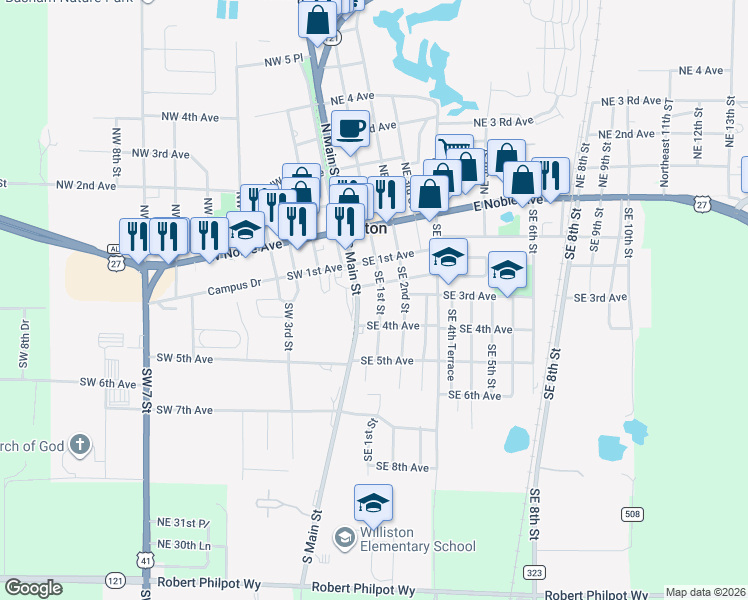 map of restaurants, bars, coffee shops, grocery stores, and more near 220 Southeast 1st Street in Williston