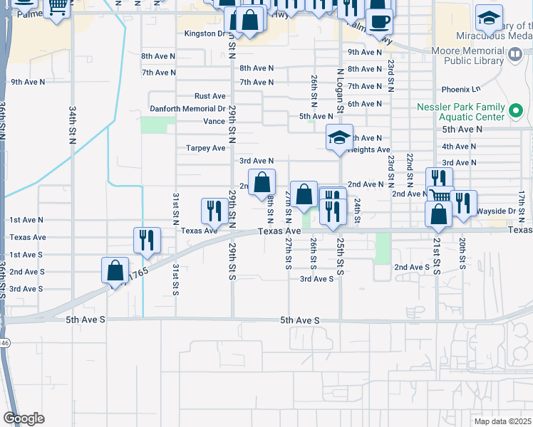 map of restaurants, bars, coffee shops, grocery stores, and more near 27 28th Street South in Texas City