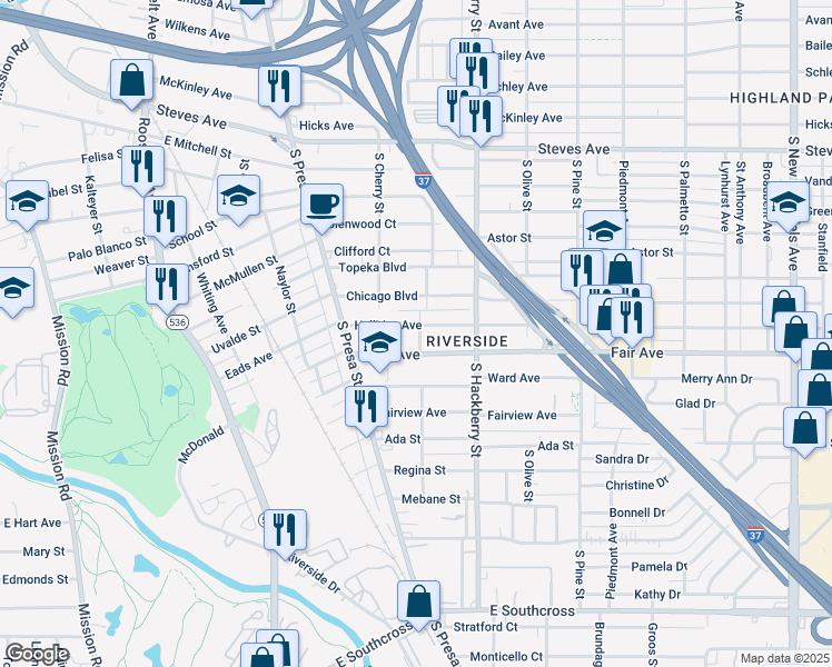 map of restaurants, bars, coffee shops, grocery stores, and more near 152 Halliday Avenue in San Antonio