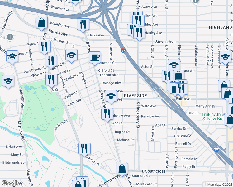 map of restaurants, bars, coffee shops, grocery stores, and more near 152 Halliday Avenue in San Antonio