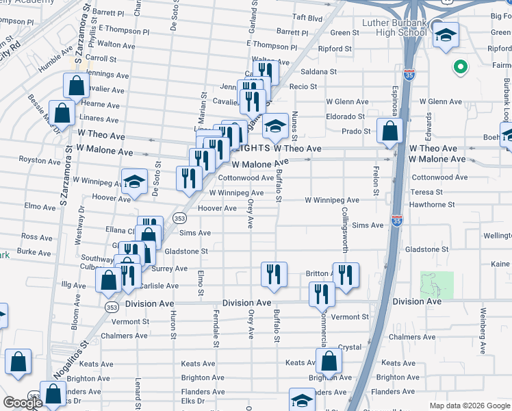 map of restaurants, bars, coffee shops, grocery stores, and more near 139 Hoover Avenue in San Antonio