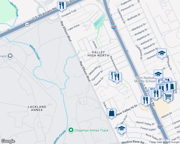 map of restaurants, bars, coffee shops, grocery stores, and more near 335 Whitecliff Drive in San Antonio