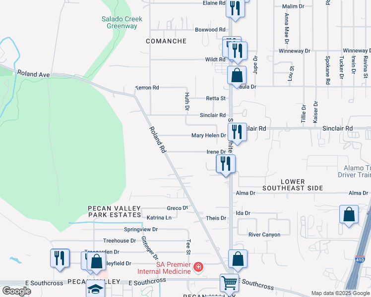 map of restaurants, bars, coffee shops, grocery stores, and more near 4319 Irene Drive in San Antonio