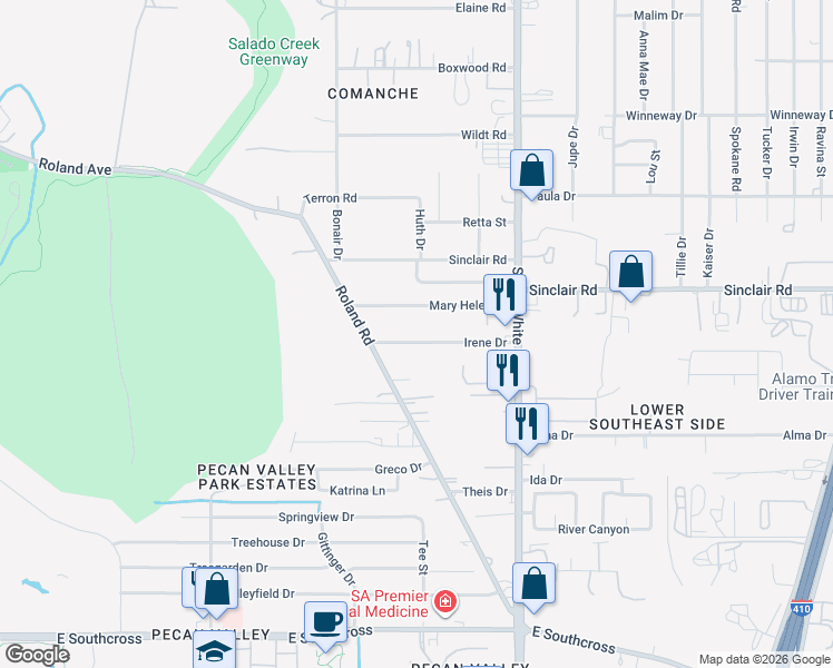map of restaurants, bars, coffee shops, grocery stores, and more near 4319 Irene Drive in San Antonio
