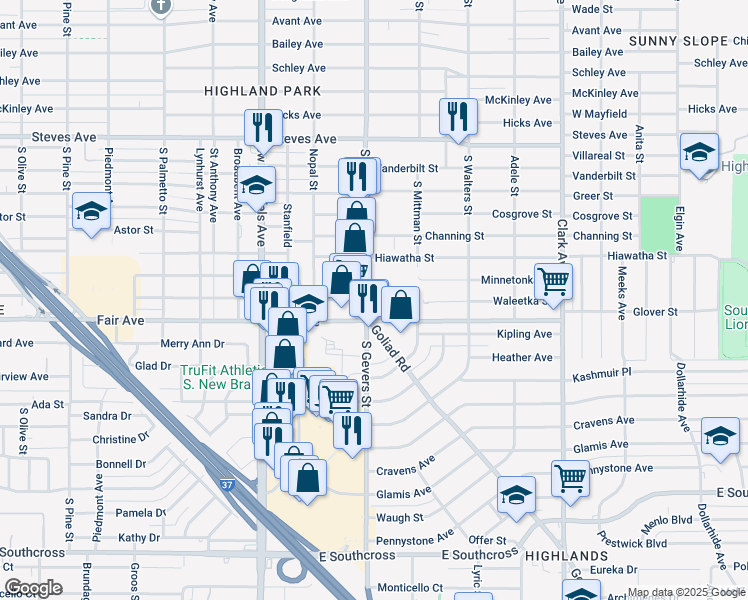 map of restaurants, bars, coffee shops, grocery stores, and more near 3608 South Gevers Street in San Antonio