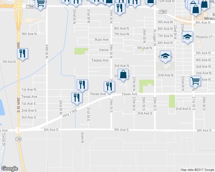 map of restaurants, bars, coffee shops, grocery stores, and more near 111 29th Street North in Texas City