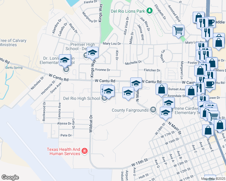 map of restaurants, bars, coffee shops, grocery stores, and more near 401 Memorial Drive in Del Rio