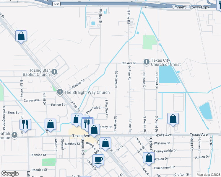map of restaurants, bars, coffee shops, grocery stores, and more near 4921 Shady Oak in Texas City