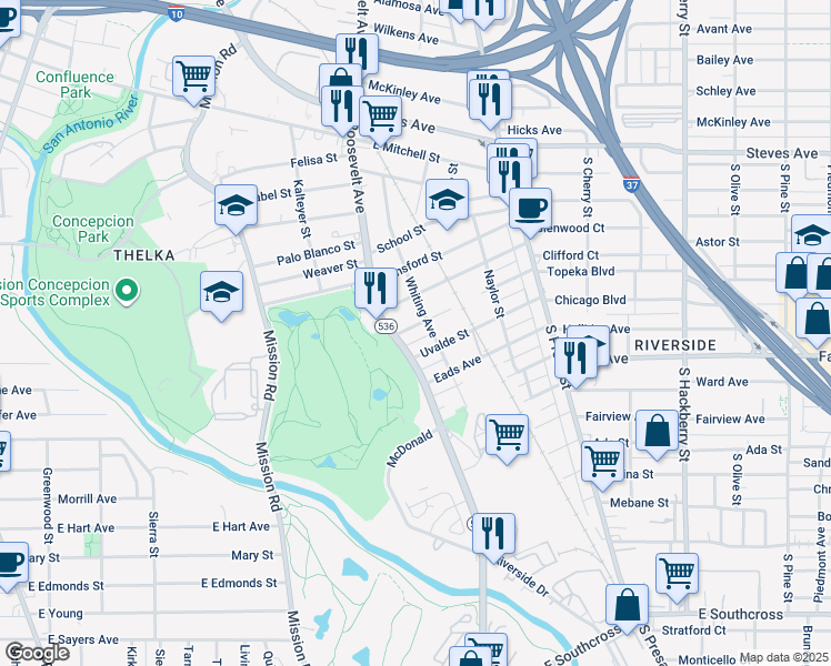 map of restaurants, bars, coffee shops, grocery stores, and more near 414 Wharton Street in San Antonio