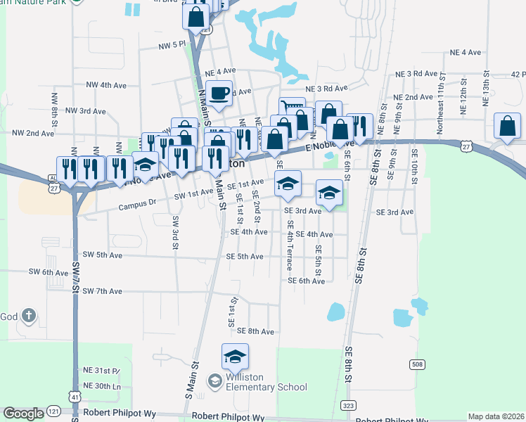 map of restaurants, bars, coffee shops, grocery stores, and more near 207 SE 3rd Ave in Williston