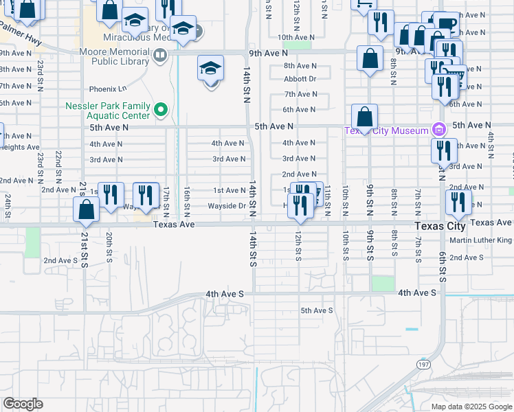 map of restaurants, bars, coffee shops, grocery stores, and more near 24 14th Street North in Texas City
