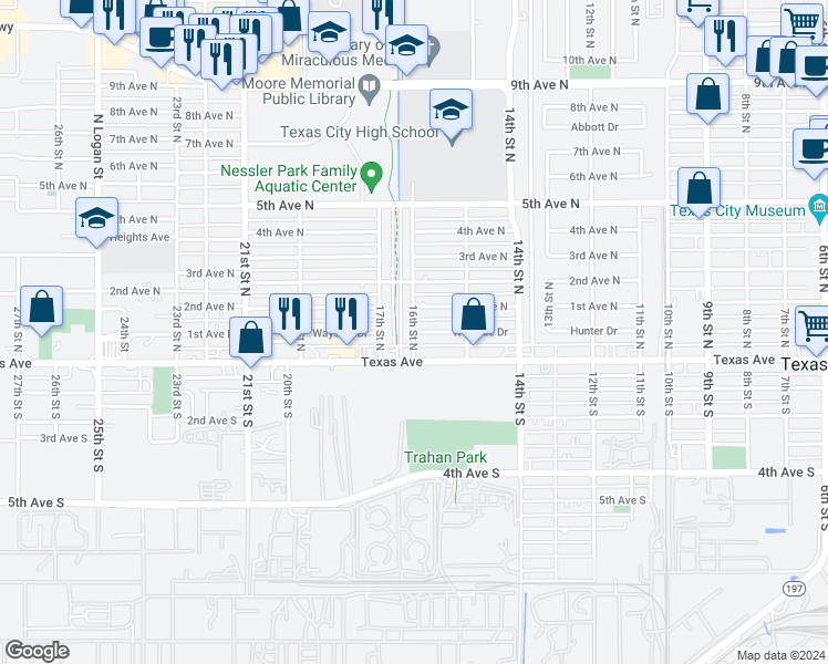 map of restaurants, bars, coffee shops, grocery stores, and more near 1598 Wayside Drive in Texas City