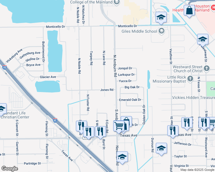 map of restaurants, bars, coffee shops, grocery stores, and more near 202 Lane Road in Texas City