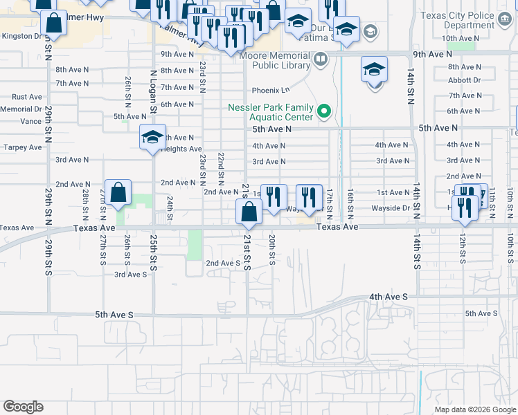 map of restaurants, bars, coffee shops, grocery stores, and more near 2000 Texas Avenue in Texas City
