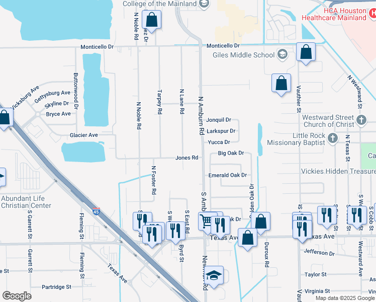 map of restaurants, bars, coffee shops, grocery stores, and more near 202 Lane Road in Texas City