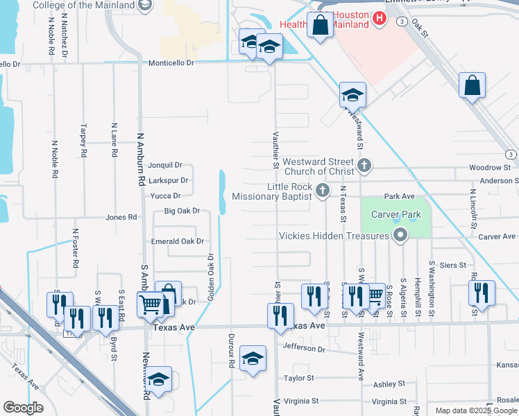 map of restaurants, bars, coffee shops, grocery stores, and more near 7418 Mallard Drive in Texas City
