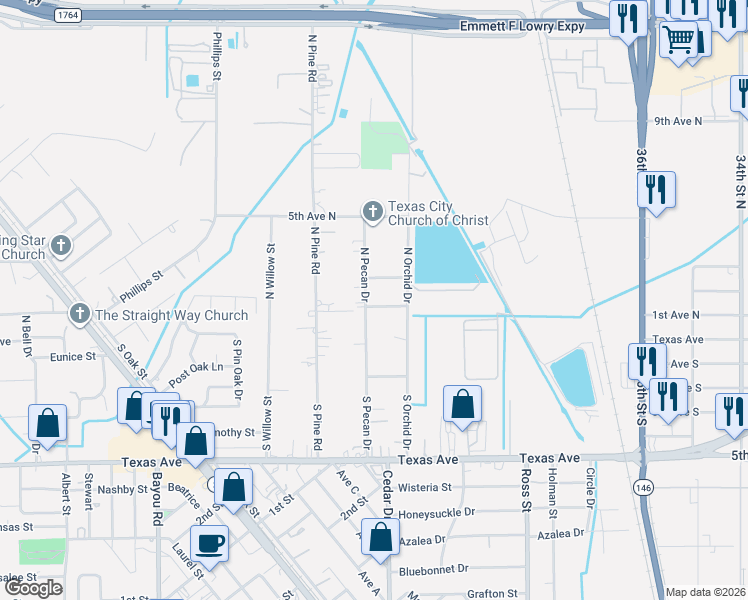 map of restaurants, bars, coffee shops, grocery stores, and more near 4318 Edward Street in Texas City