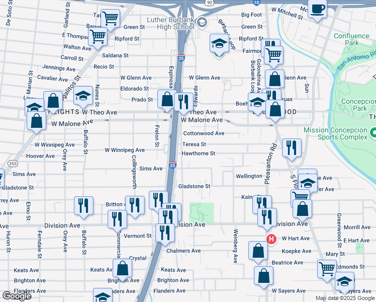 map of restaurants, bars, coffee shops, grocery stores, and more near 345 Hawthorne in San Antonio