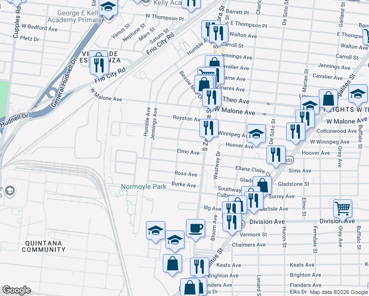 map of restaurants, bars, coffee shops, grocery stores, and more near 135 Elmo Avenue in San Antonio
