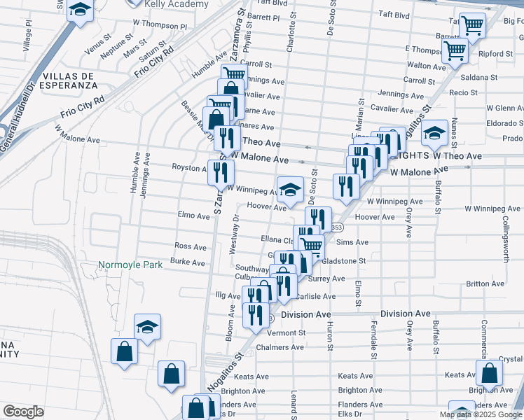 map of restaurants, bars, coffee shops, grocery stores, and more near 610 Hoover Avenue in San Antonio