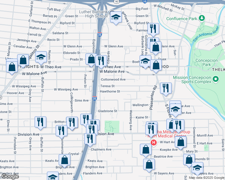 map of restaurants, bars, coffee shops, grocery stores, and more near 313 Hawthorne Street in San Antonio
