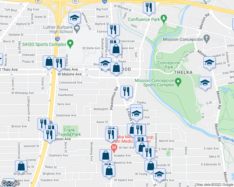 map of restaurants, bars, coffee shops, grocery stores, and more near 120 Toudouze Street in San Antonio