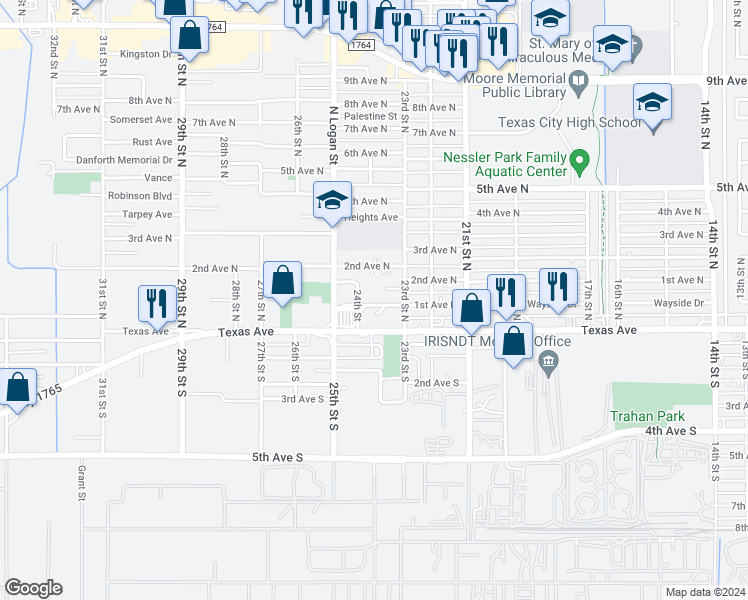 map of restaurants, bars, coffee shops, grocery stores, and more near 2322 1st Avenue North in Texas City