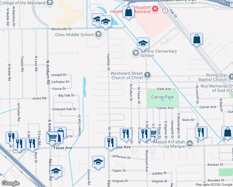 map of restaurants, bars, coffee shops, grocery stores, and more near 7302 Mallard Drive in Texas City