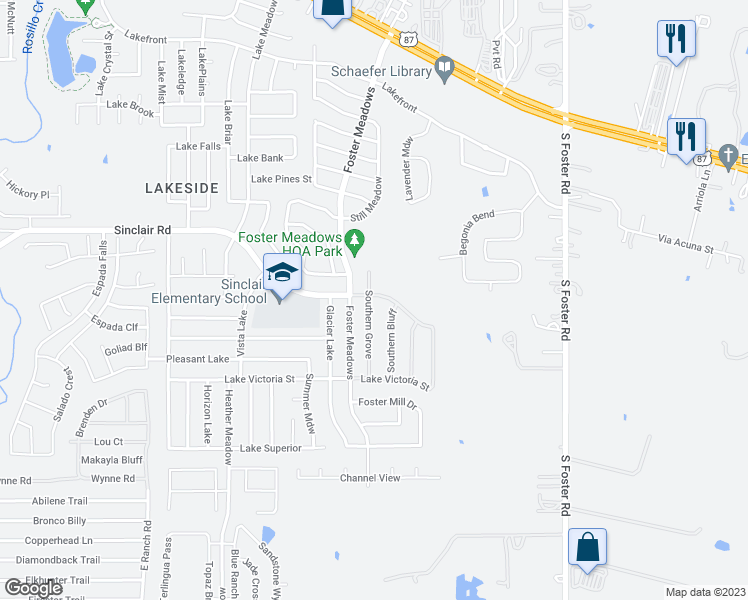 map of restaurants, bars, coffee shops, grocery stores, and more near 3802 Southern Grove in San Antonio