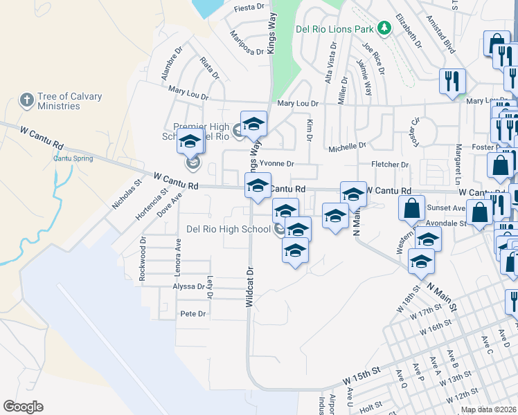 map of restaurants, bars, coffee shops, grocery stores, and more near 205 Memorial Drive in Del Rio