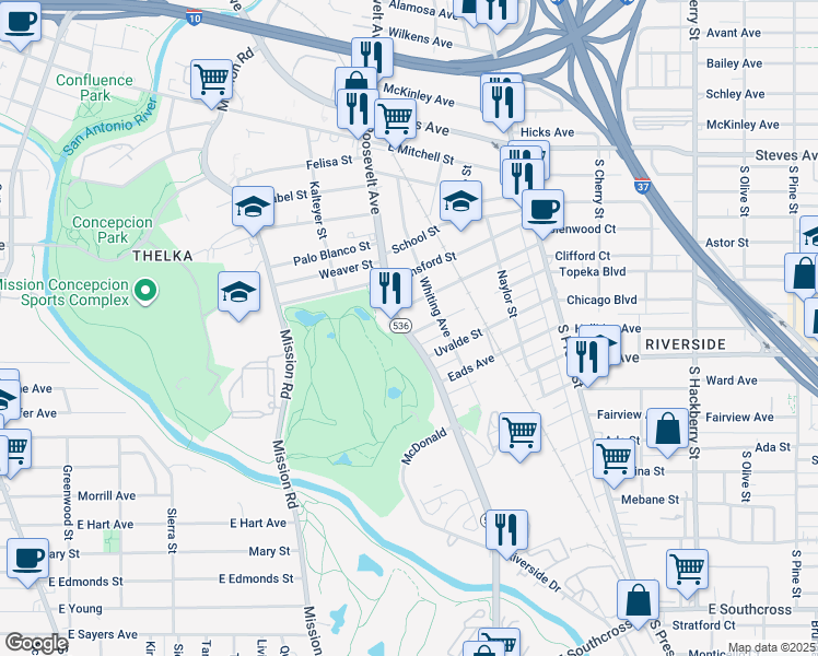 map of restaurants, bars, coffee shops, grocery stores, and more near 414 Wharton Street in San Antonio
