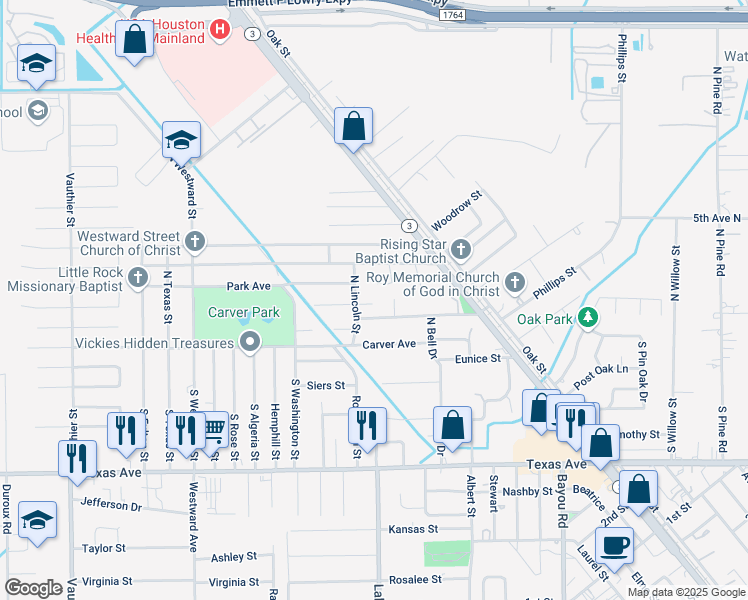 map of restaurants, bars, coffee shops, grocery stores, and more near 6102 Linton Lane in Texas City