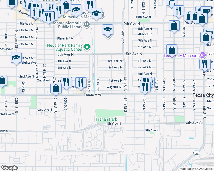 map of restaurants, bars, coffee shops, grocery stores, and more near 1514 Wayside Drive in Texas City