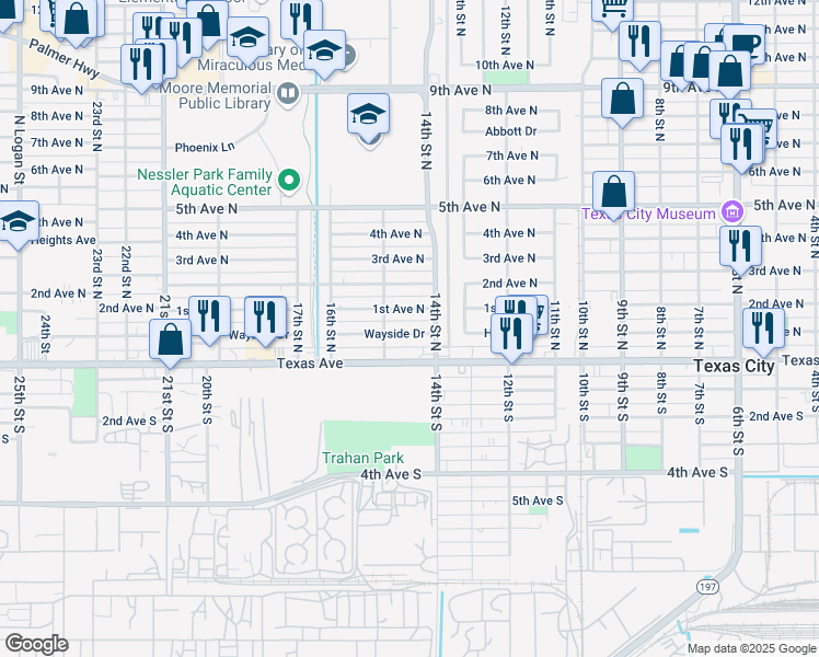 map of restaurants, bars, coffee shops, grocery stores, and more near 1418 Wayside Drive in Texas City