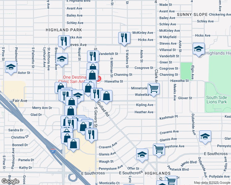 map of restaurants, bars, coffee shops, grocery stores, and more near 2511 Waleetka Street in San Antonio