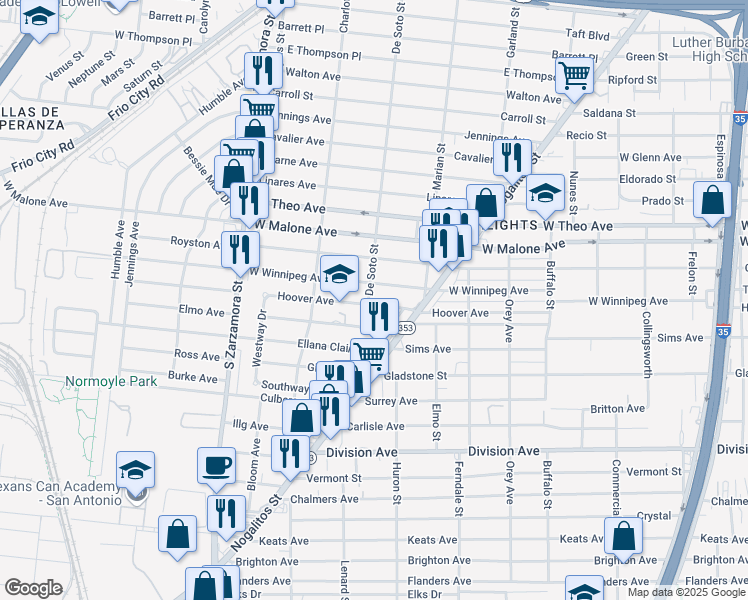 map of restaurants, bars, coffee shops, grocery stores, and more near 435 Hoover Avenue in San Antonio
