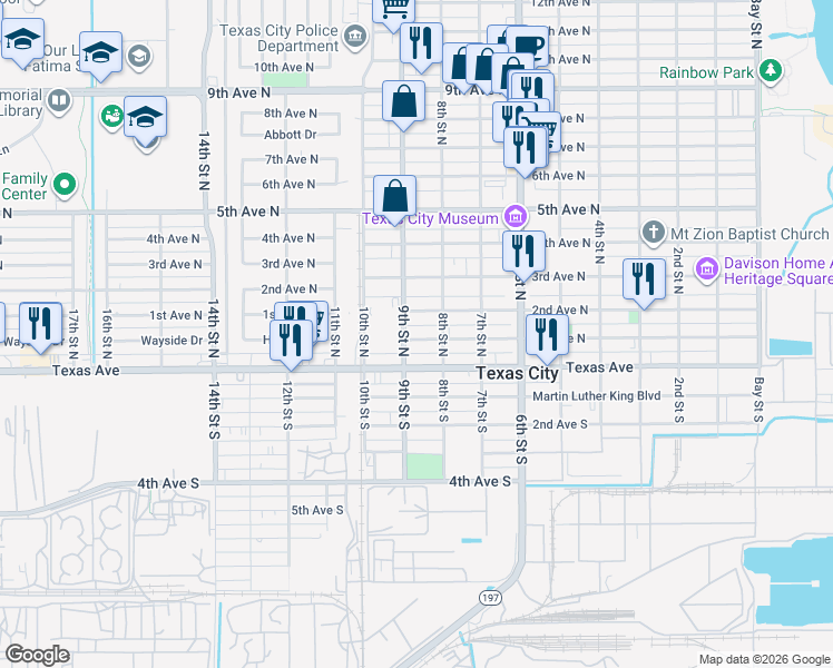 map of restaurants, bars, coffee shops, grocery stores, and more near 824 1st Avenue South in Texas City