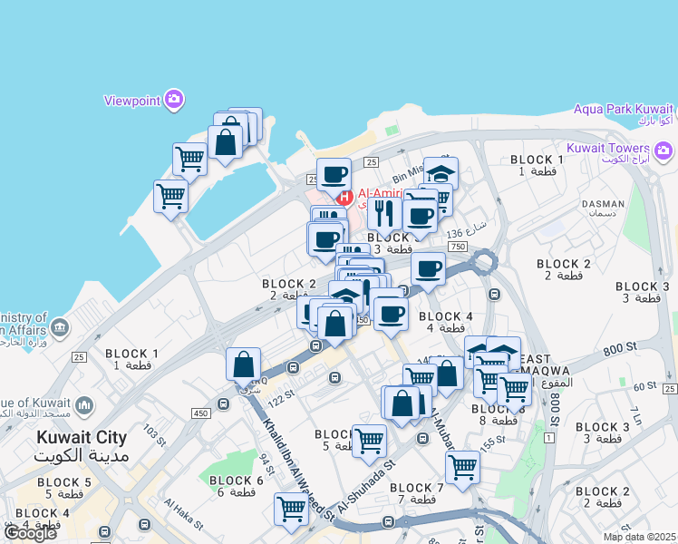 map of restaurants, bars, coffee shops, grocery stores, and more near 12170 Abdulla Al Ahmad Street in Al Kuwayt