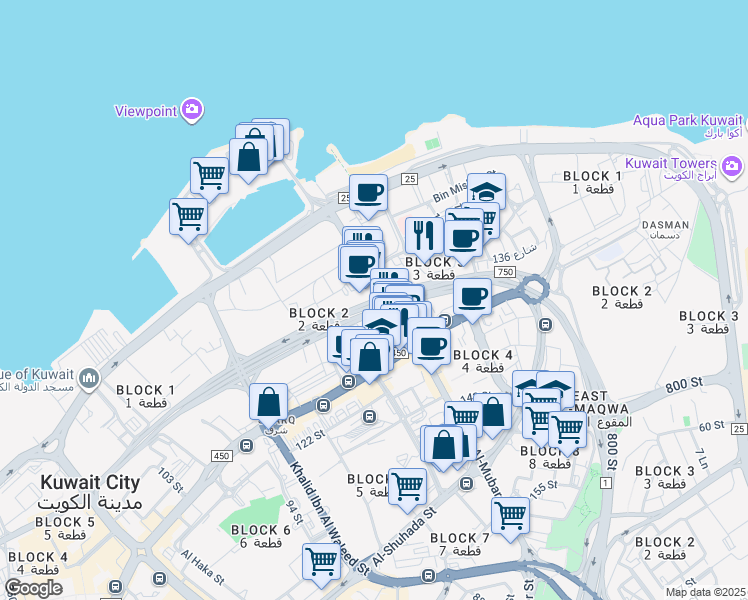 map of restaurants, bars, coffee shops, grocery stores, and more near 12170 Abdulla Al Ahmad Street in Al Kuwayt
